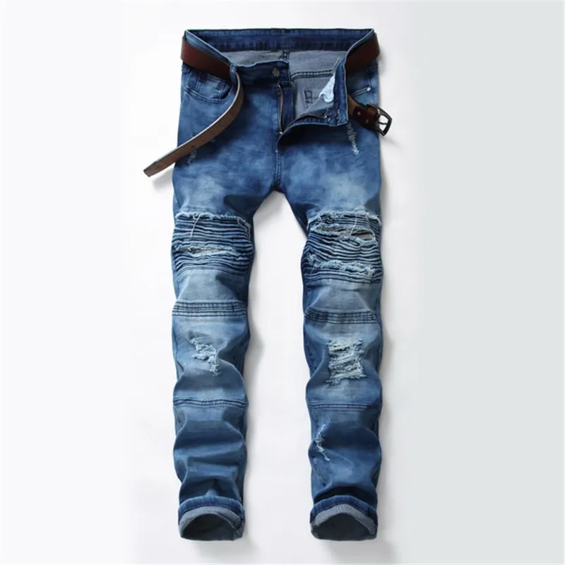 Высококачественные мужские повседневные джинсы с вышивкой, тонкие прямые плиссированные джинсы для байкеров, мужские джинсовые повседневные брюки размера плюс 28-38