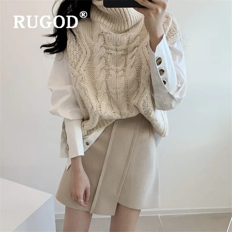 

RUGOD Autumn Winter New Style Sleeveless Turtleneck Solid Color Knitted Sweater Twist Pattern Warm Vest Kpop Clothes