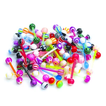 

30pcs/set Mixed Pattern Bioplast Flexible Acrylic Tongue Barbell Rings Piercing Body Jewelry 14G Plastic Tongue Ring Ball Nipple