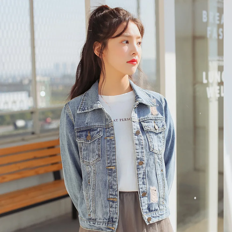 

Jeans Coat Women's 2019 Spring Loose-Fit Short with Holes Cowboy Clothes Hong Kong Style