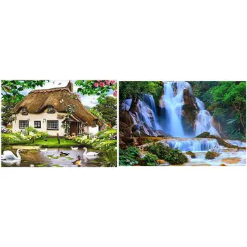 

2 Set 5D Diy Diamond Painting Round Diamond Home Decor Gift - Waterfall Pattern & Lake Swan House Pattern
