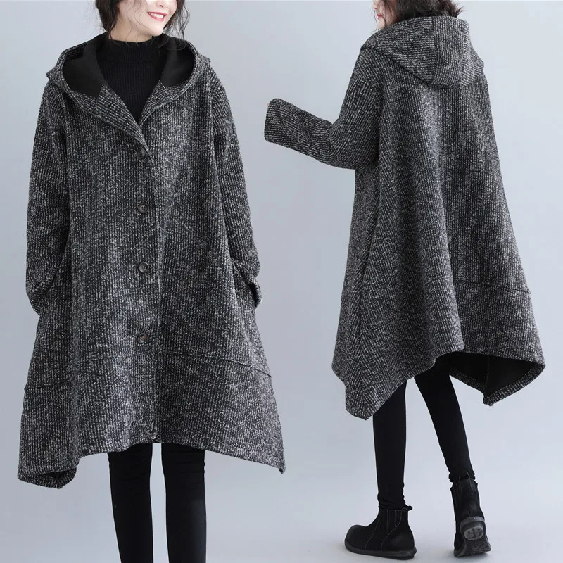 

Autumn Winter Plus Size Long Poncho Cloak Coat Women Korean Kawaii Ladies Asymmetric A-Line Hooded Woolen Coat manteau femme