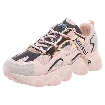 

Chunky Sneakers Thick Bottom Female Shoes Round Toe Women Flats Mixed Colors Woman Sneakers Lace-Up Trainers Female Sports Shoes