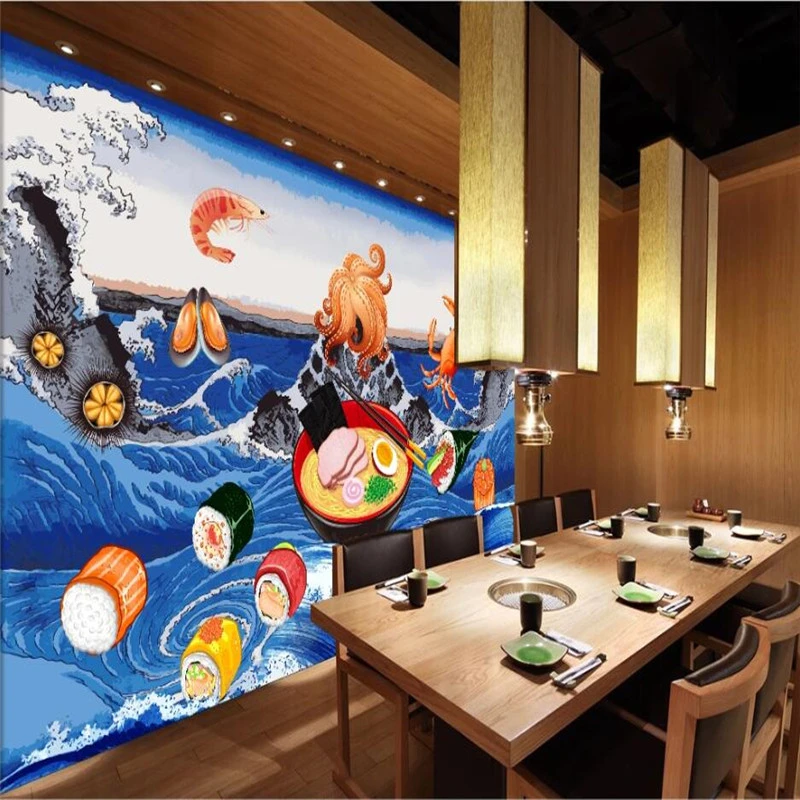日本浮世絵海食品グルメ壁紙 3d シーフード寿司レストランラーメンショップ産業装飾背景壁画壁紙 Aliexpress Home Improvement