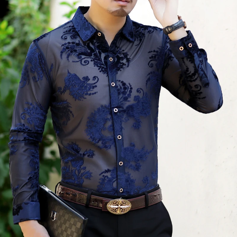 Мужские черные бархатные рубашки с длинным рукавом, Повседневные Вечерние рубашки Camicia Uomo Elegante, сексуальные мужские кружевные рубашки