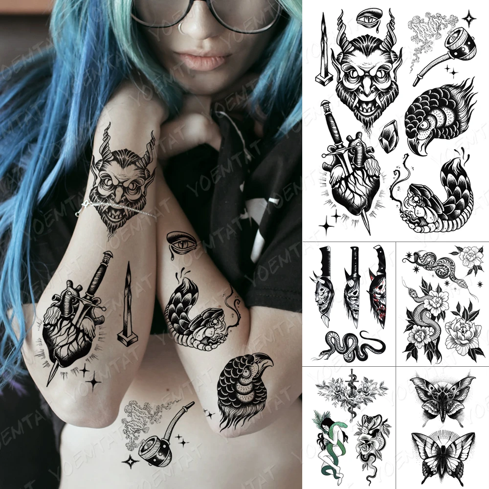 Tatouage Old School Femme Bras Tatouage temporaire imperméable, autocollant Flash, cœur noir, serpent,  papillon, bras d'art corporel, faux tatouage pour femmes et hommes |  AliExpress