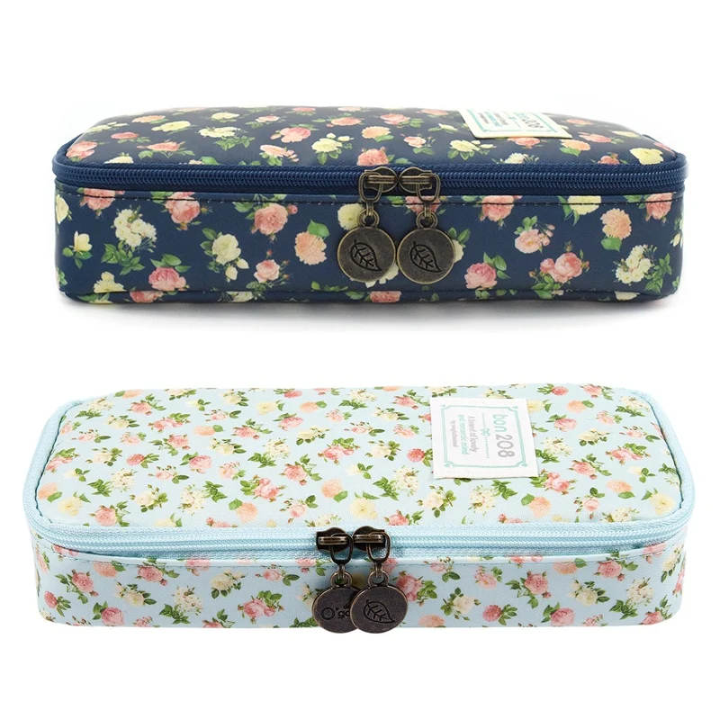 

2 Pcs Pencil Case, Pen Bag Makeup Pouch Zipper Box Office Organizer Rose Floral - Light Blue & Cyan