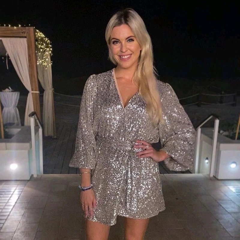 Серебряными пайетками рождественское платье женские фонари Длинные Рукава