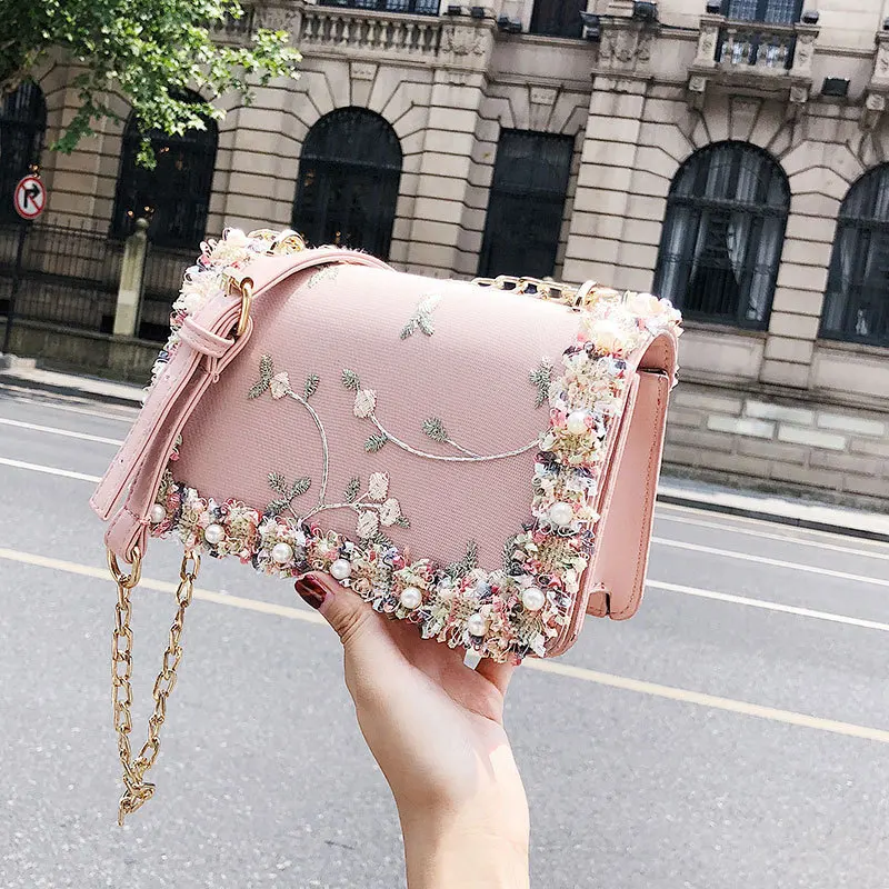 

Fashion Transparent Chain Metal Buckle Women Small Square Pack Embroidery Pearl Design Female Crossbody Bag Flap Trend Girl Tote