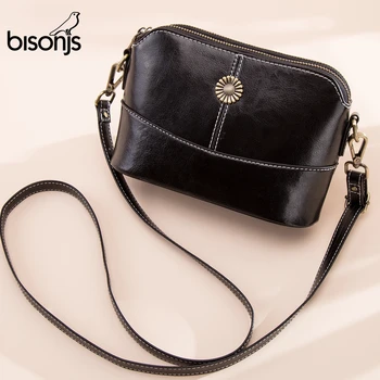 

BISONJS Leather Shoulder Bag High Quality Crossbody Bags For Women Vintage Oil Wax Small Female Messenger Bag B1775