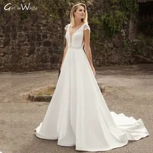 

Elegant Cap Sleeve Wedding Dress A Line Satin With Lace Appliques Bride Dresses Backless Modern Bridal Gown Vestidos De Novia