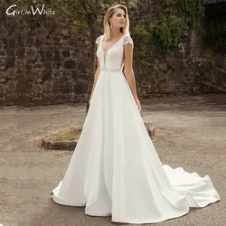 Elegant Cap Sleeve Wedding Dress A Line Satin With Lace Appliques Bride Dresses Backless Modern Bridal Gown Vestidos De Novia