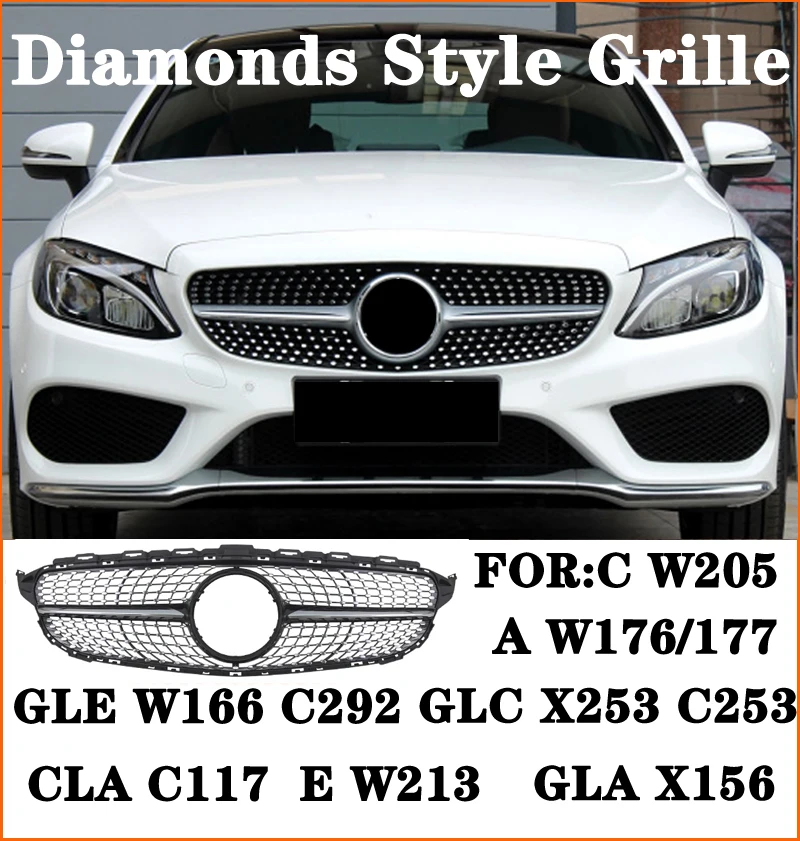 

Diamond Style Front Grille Grill For Mercedes Benz C W205 CLA C117 A W176 W177 GLA X156 GLC C X253 E W213 GLE W166 C292 Black