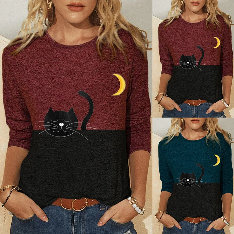 

3/4 Sleeve Tee Tops Cool T Shirt Women High Quality Printing Night Cat Casual Chiffon T-shirts Plus Size 5XL Fashion Lady Shirts