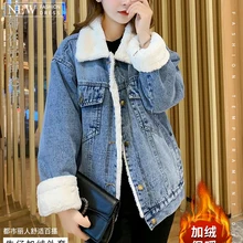 Oshangchaopin женские модные Зимние флисовые плотные джинсовые пальто с отложным воротником однобортные теплые джинсовые куртки