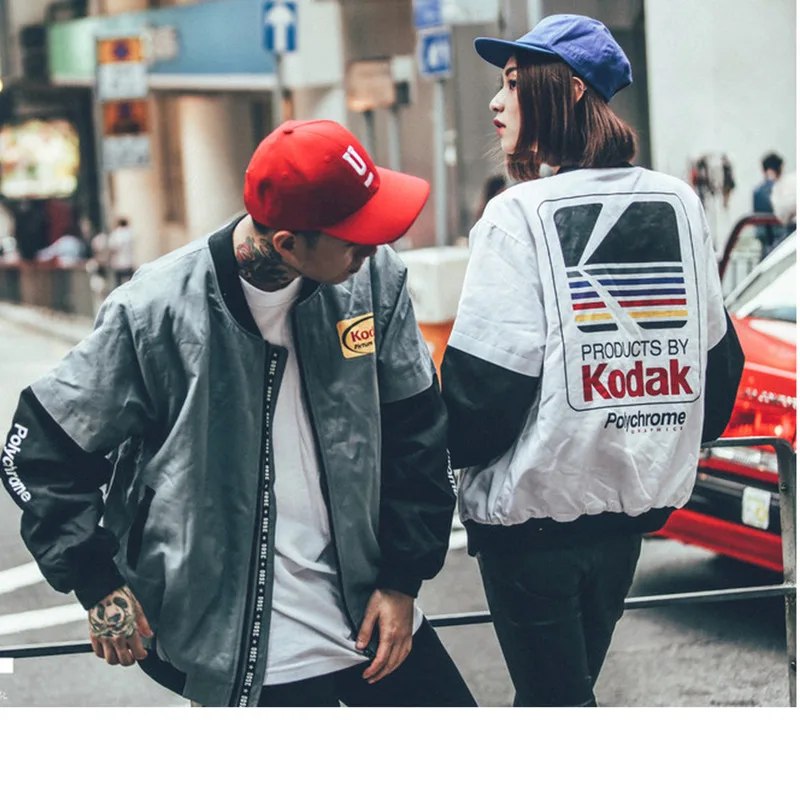 Новый серый тонкий японский хип хоп короткий бомбер Harajuku пилот уличный принт Kodak