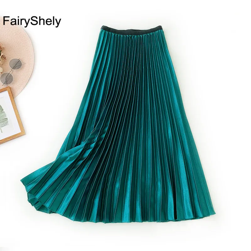 FairyShely, атласная плиссированная длинная юбка для женщин, Осень-зима, эластичная лента, высокая талия, Теплая юбка, красная, макси, офисная юбка
