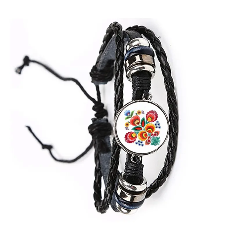 Ethnic Polish Folk Art Pattern Glass Cabochon Adjustable Leather Bracelet Bohemia Flower Print Bangle Jewelry For Women Men Gift | Украшения
