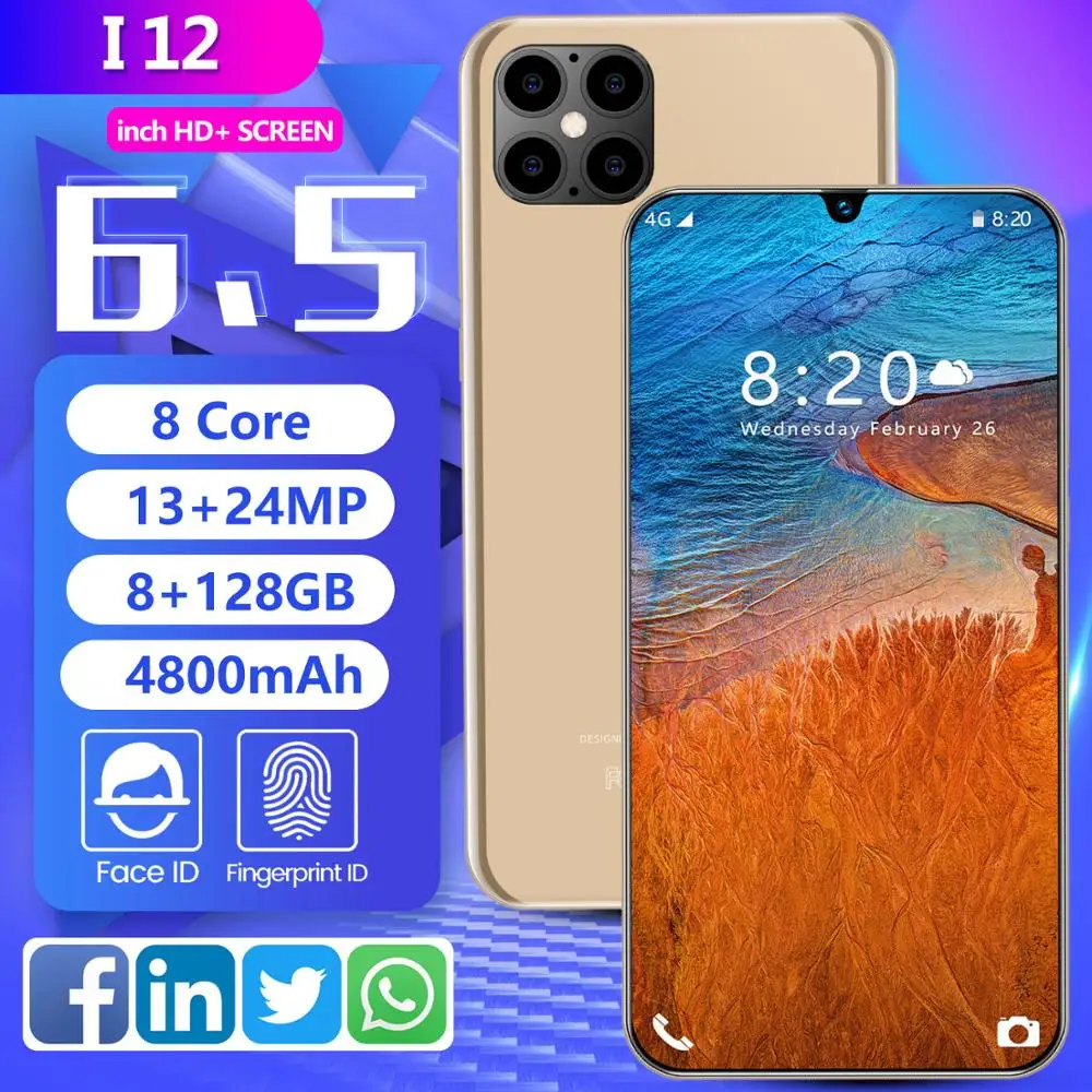 Global Version IP12 13MP Front 24MP Rear Camera Octa Core 8GB+128GB Mobile Phone 6.5' Waterdrop 4800mAh 5G Smartphone Free Ship