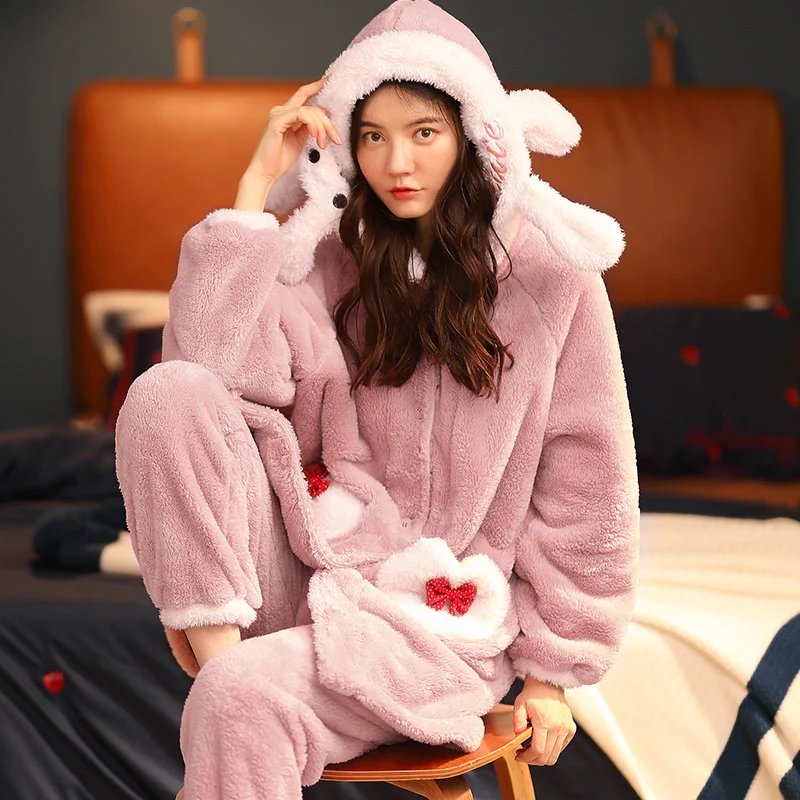 

Women Sleepwear Winter Pajamas Coral Fleece Nightgown Intensification Collar Flannel Loose Version Keep Warm Hooded Medium Style