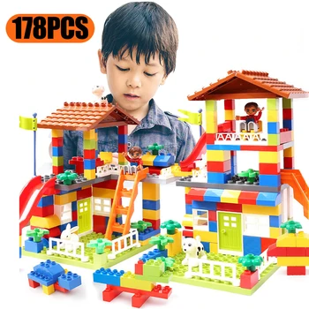 

Classic Big Size Slide Building Blocks House Roof Big Particle Assembly Blocks Plastic Castle Compatible Duploed DIY Bricks Gift