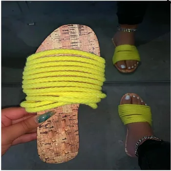 

Sexy Yellow Flat Slides Women's Rhinestone Slippers Outdoor Casual Sandals Roman Shoes Comfortable Narrow Band Flip-Flops EVA 42