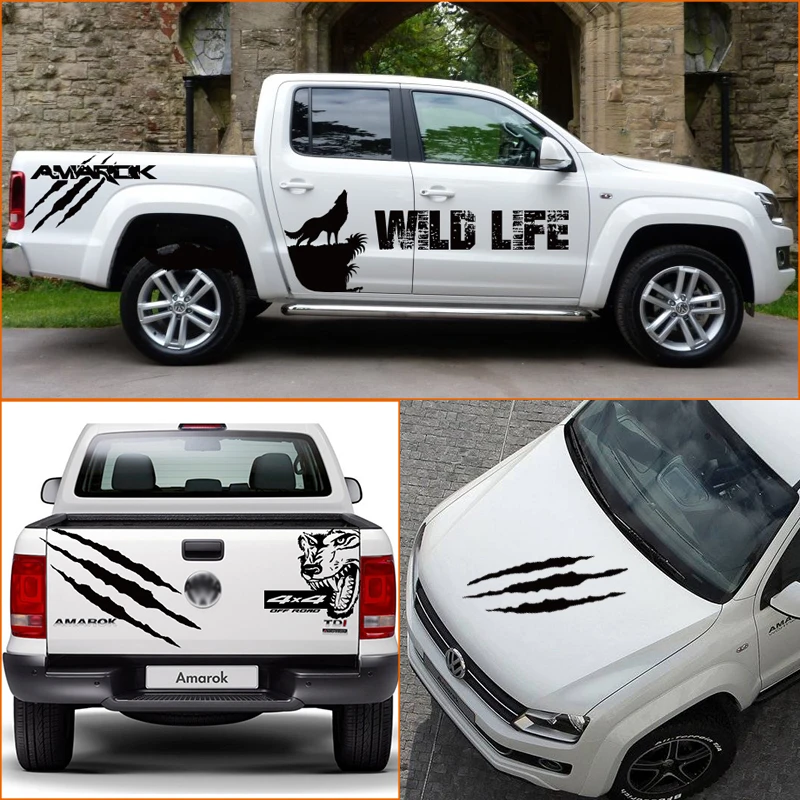 

Wolf scratch side door hood box bed tail door 4x4 off road stripe car accessories graphic vinyl cool car stickers fit for amarok
