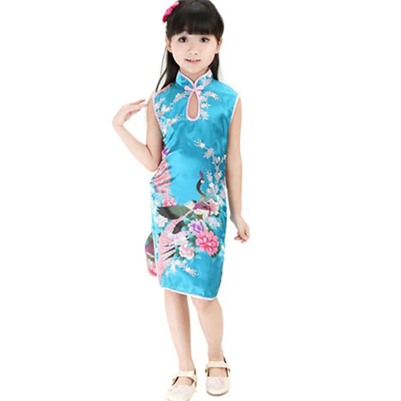 New Hot Sale High quality Fashion Children Girls Chinese Cheongsam Floral Peacock Lapel Sleeveless Summer Dress
