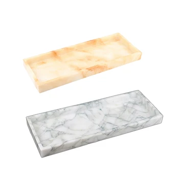 

2x Marble Pattern Storage Tray Resin Plate Creative Dessert Snack Cake Plate Restaurant Serving Tray Cyan-Blue & Yellow