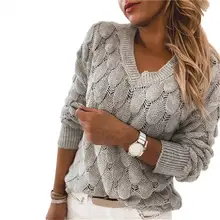 

40%HOTWomen Autumn Winter Long Sleeve V Neck Knitted Sweater Hollow Out Feather Jumper
