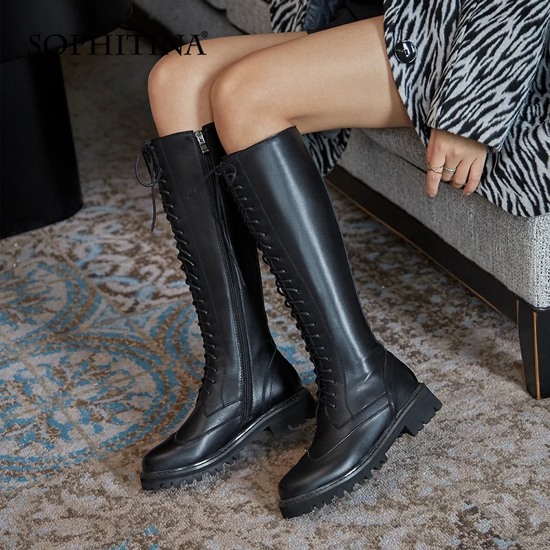 

SOPHITINA Knee-High Boots Women Platform Fashion Premium Leather Cross-Tied Buckle Boots Round Toe Mid Heel Female Shoes SO785