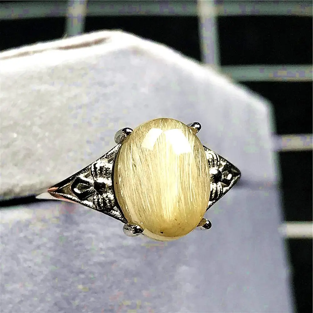 

Natural Gold Rutilated Crystal Ring For Woman Man Silver Clear Quartz 11x8mm Oval Beads Gemstone Adjustable Ring Jewelry AAAAA