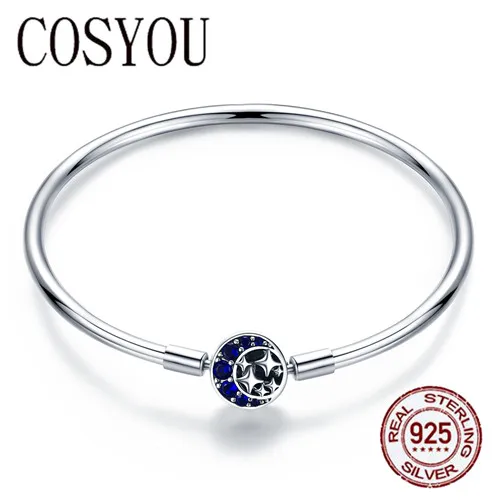 

COSYOU Genuine 100% 925 Sterling Silver Blue CZ Moon and Star Bracelet & Bangles for Women Sterling Silver Jewelry S925 SCB080