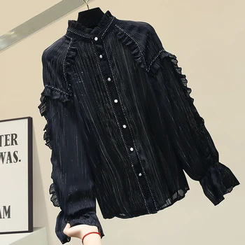 

Heavy Industry Diamond Stand-Collar Black Shirt Women's Ruffles Long Sleeve Shirts Spring New Blouses Woman Tops Loose Blouse