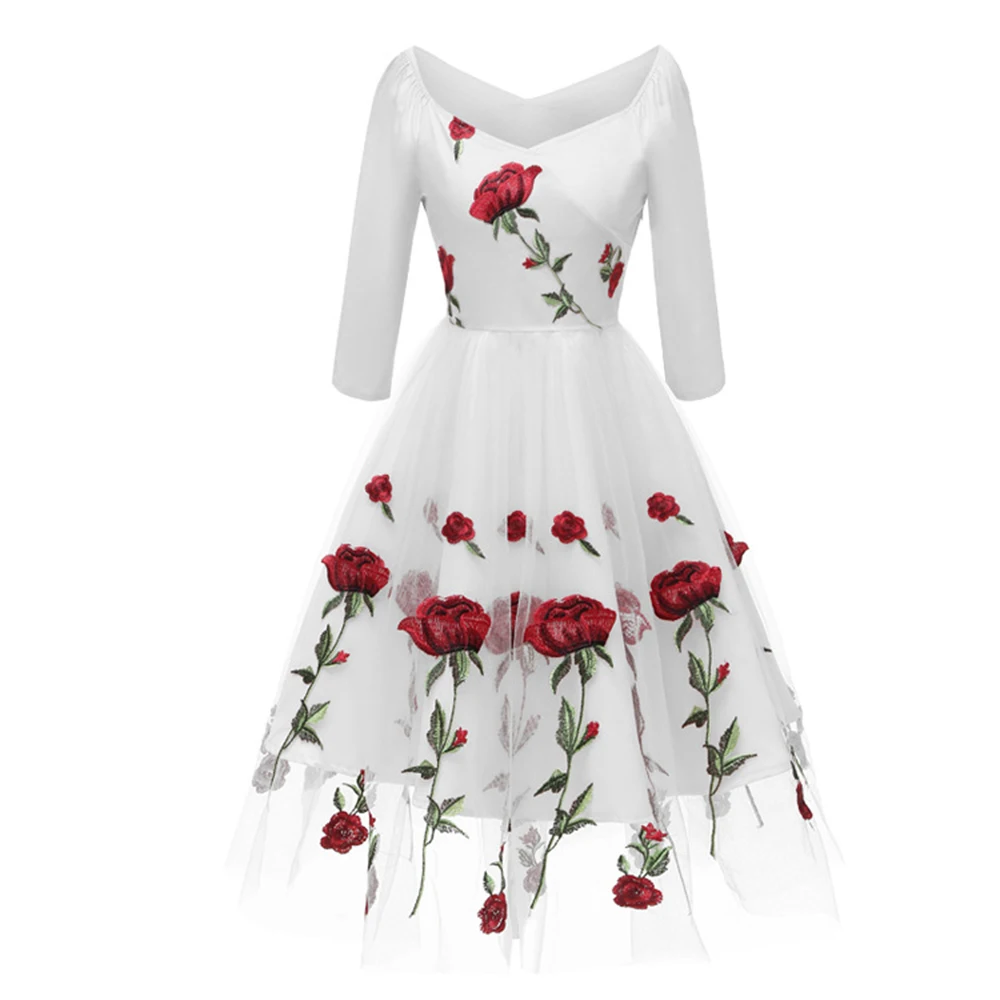 Новое поступление, элегантное платье с цветочной вышивкой и v-образным вырезом, плиссированное Сетчатое платье, белые платья с цветочным рисунком, женские винтажные платья для вечеринок