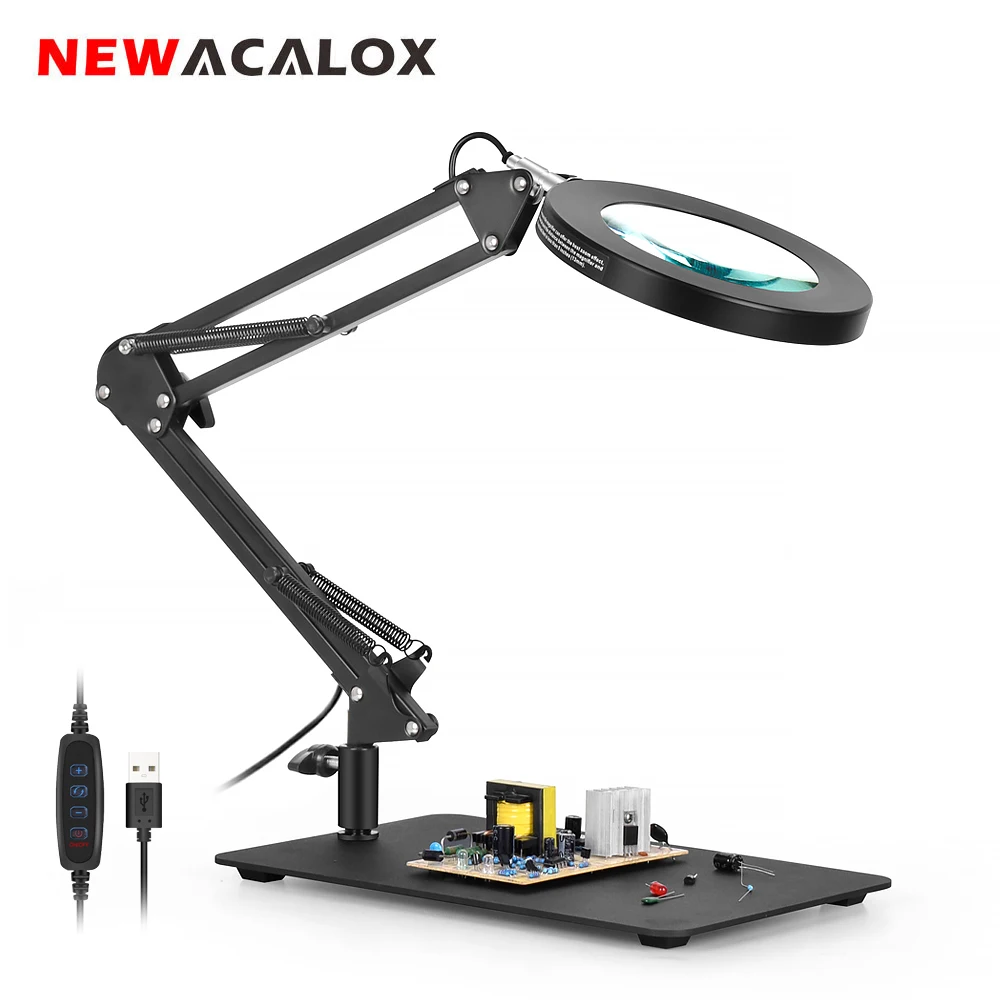 

NEWACALOX 5X Magnifying glass LED Lamp USB 3 Adjustable Colors Black Iron Plate Welding Tool Soldering Iron Repair Illumination