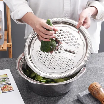 

Stainless Steel Drain Basket Vegetable Cutter Kit Kitchen Multipurpose Julienne Grater Salad Maker Bowl P7Ding