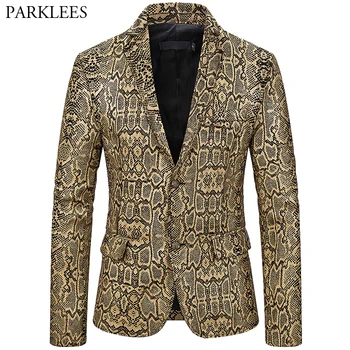 

Sexy Snake Pattern Blazer Men Bronzing Two Button Mens Suit Jacket Nightclub Dj Festival Dance Party Stage Suit Coat Men Blazers