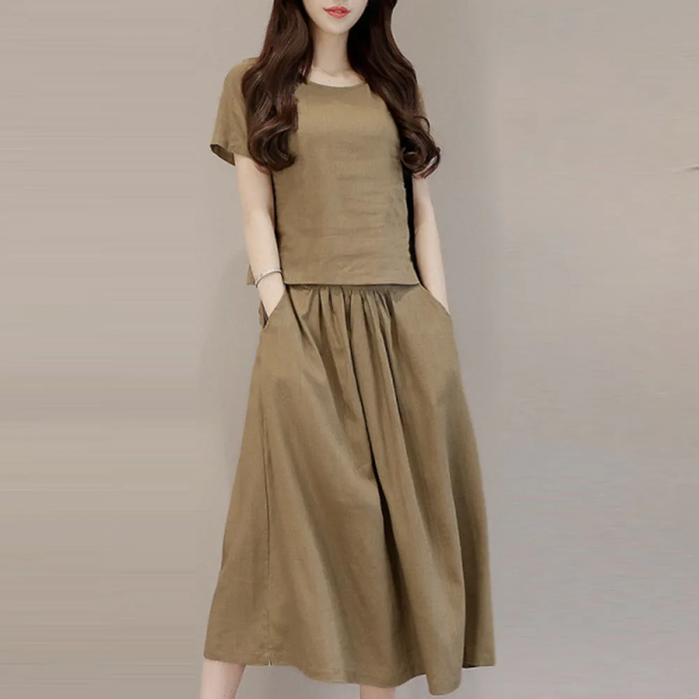 

Korean Causal Two Piece Sets Summer Short Sleeve Plain T-Shirt And Midi Long Skirt Plus Size Women Sets 2PCS Preppy Style Japan