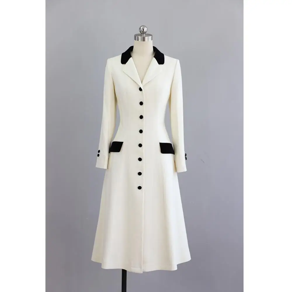 white 40-зимняя женская винтажная 50s шерстяная длинная куртка в красном и белом цвете элегантное кашемировое пальто размера плюс manteau femme abrigo mujer - Цвет: white