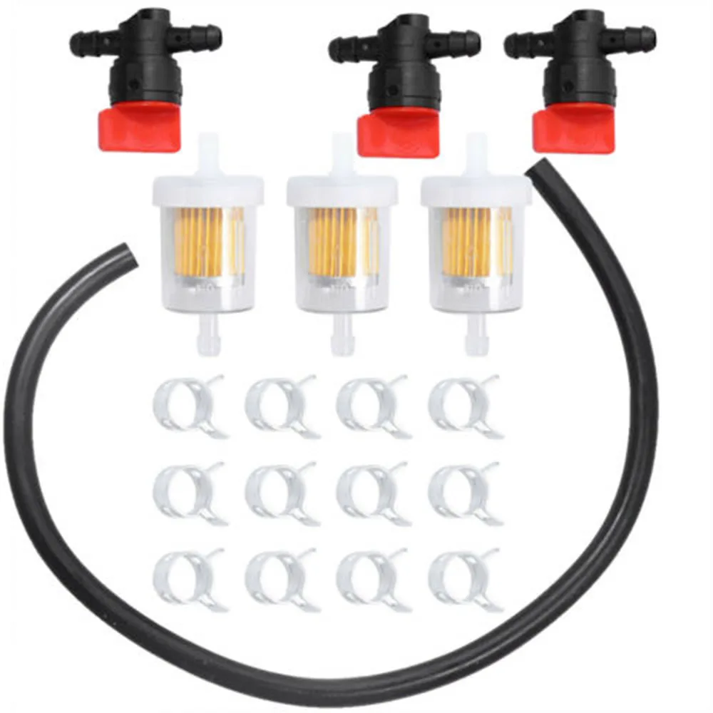 

1/4in Fuel Line Hose Fuel Shut Off Valve Filter Kit 493960 1*Fuel Hose 3*Fuel Shut Off Valve 3*Fuel Filters 12*Clamps