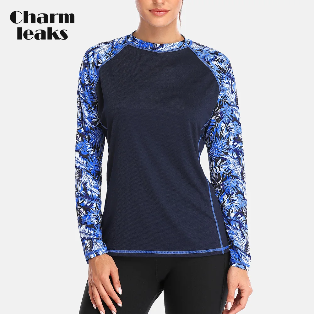 

Charmleaks Long Sleeve Women Rashguard Retro Floral Print Quick-drying Shirt Running Top Hiking Shirts Rash Guard UPF50+