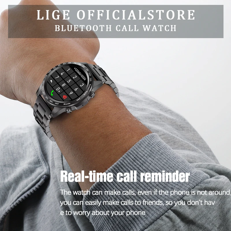 LIGE - Reloj inteligente para hombre, accesorio de pulsera resistente al agua IP68, con llamadas, Bluetooth, completamente táctil, rastreador de Fitness y presión arterial, 2021 - Imagen 2