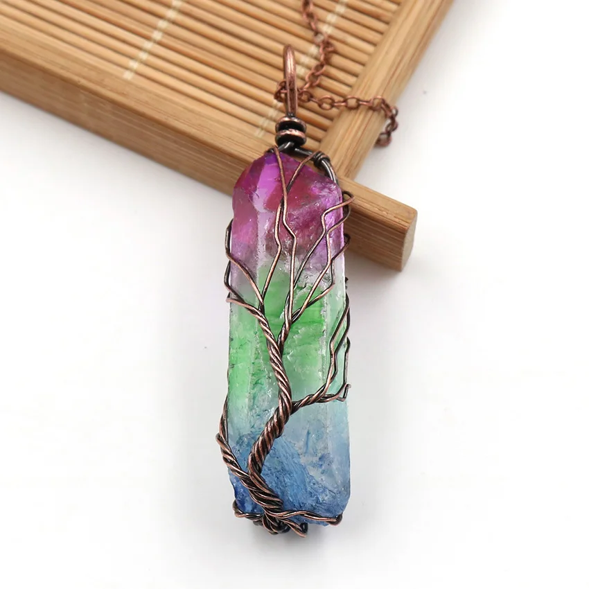 Vintage Irregular Natural Stone Crystal Pendant Necklace Women Men Wire Wrap Tree of Life Pendants Pendulum Gems Rainbow Jewelry