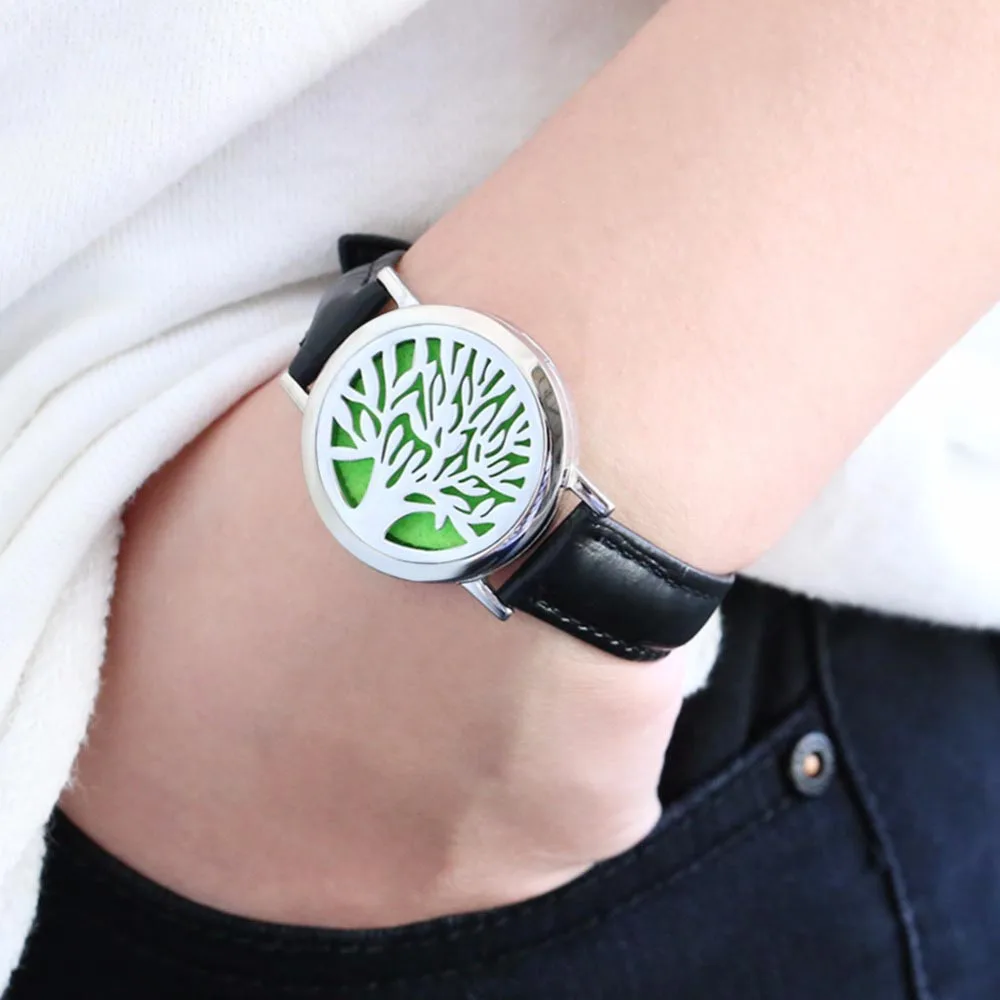 

BOFEE Tree Of Life Essential Oil Diffuser Bracelet Leather Wrap Silver Magnet Locket Chain Stainless Steel Aromatherapy Jewelry