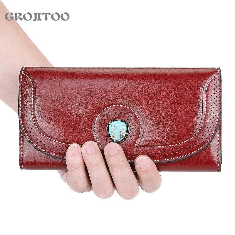 

GROJITOO Genuine Leather Women Purse Female Clutch Wallet With Multi-function Buckle And Long Zipper Purse Large Capacity Purse
