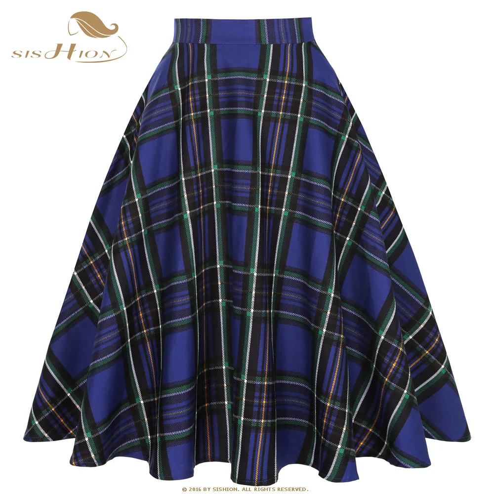 Blue SISHION Ретро винтажная юбка SS0006 синяя Осенняя зимняя Хлопковая женская трапециевидная длинная миди клетчатая юбка - Цвет: Blue
