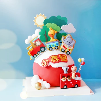 

Animals Lion Fox Giraffe Train Bus Cake Toppers for Children's Day Party Baby Happy Birthday Supplies Lovely Gifts