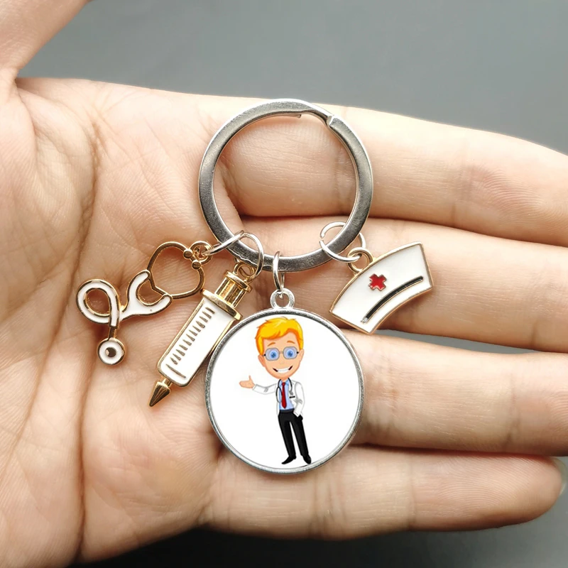 Paint Fashion Creative Nurse Medical Syringe Stethoscope Image Keychain Glass Suitable for Nurses and Doctors Key Ring Pendant Gift key chains,key rings