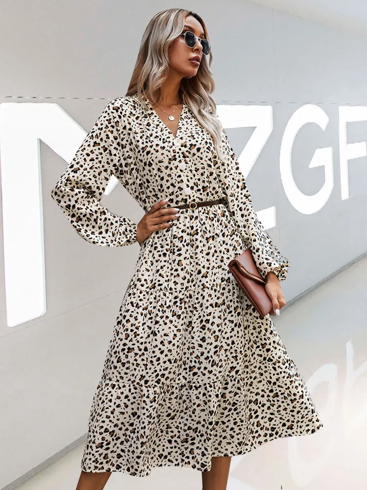 

Women's 2020 Autumn Winter New Arrival Leopard Print Dress Women Strawberry Dress Undefined Arty Dress Long Sleeve Swing Party